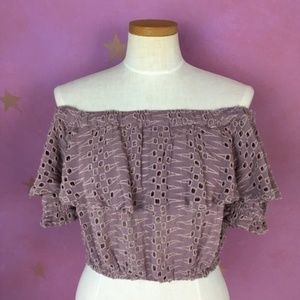 FREE PEOPLE MAUVE EYELET OFF THE SHOULDER CROP TOP